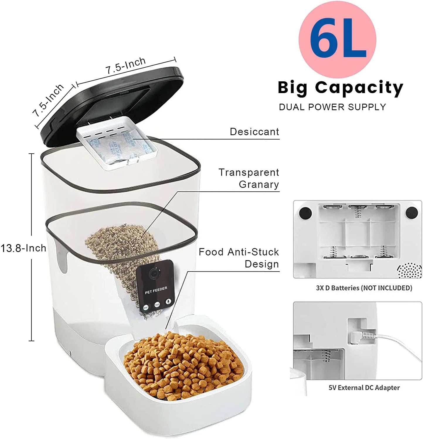 Pet Feeder,6L Automatic Pet Feeder for Cats and Dogs,1080P Camera,App Control,Voice Recorder,Timed Feeder for Schedule Feeding/ Comedero automático para mascotas temporizado para programar la alimentación